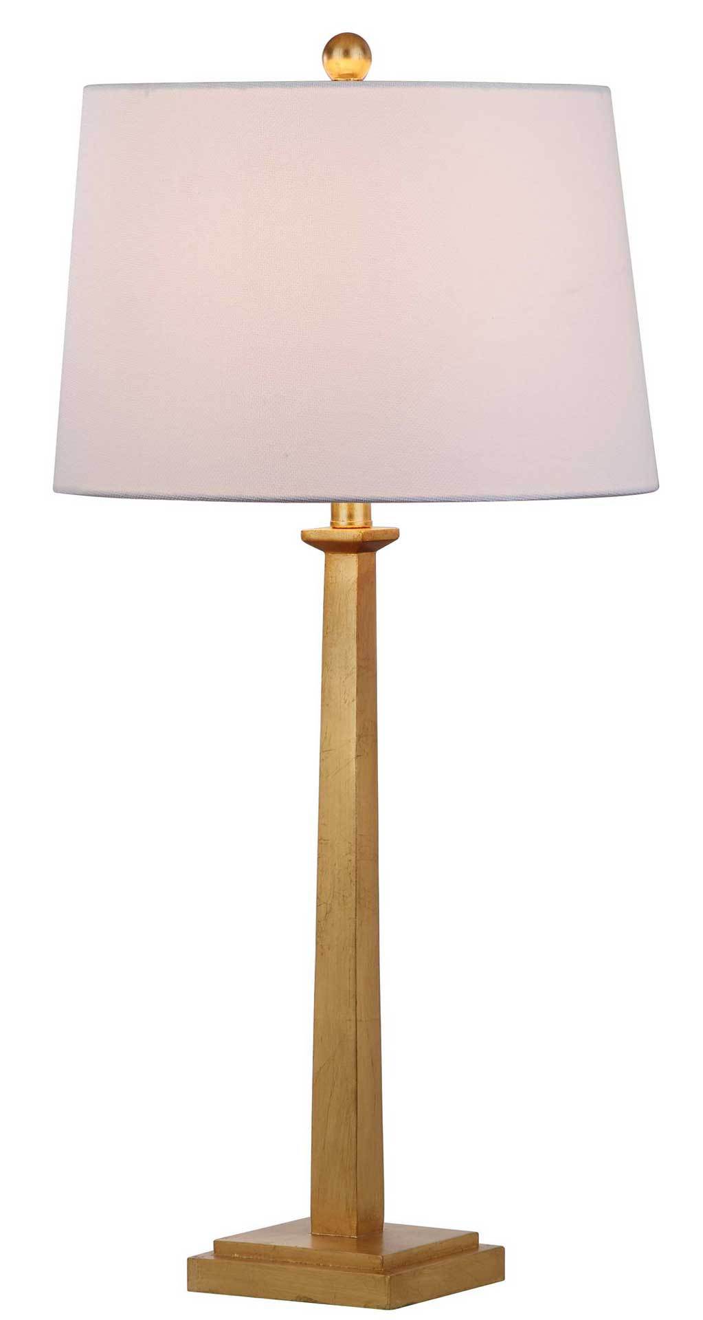 A white shade glows softly above a tall gold leaf column and square base