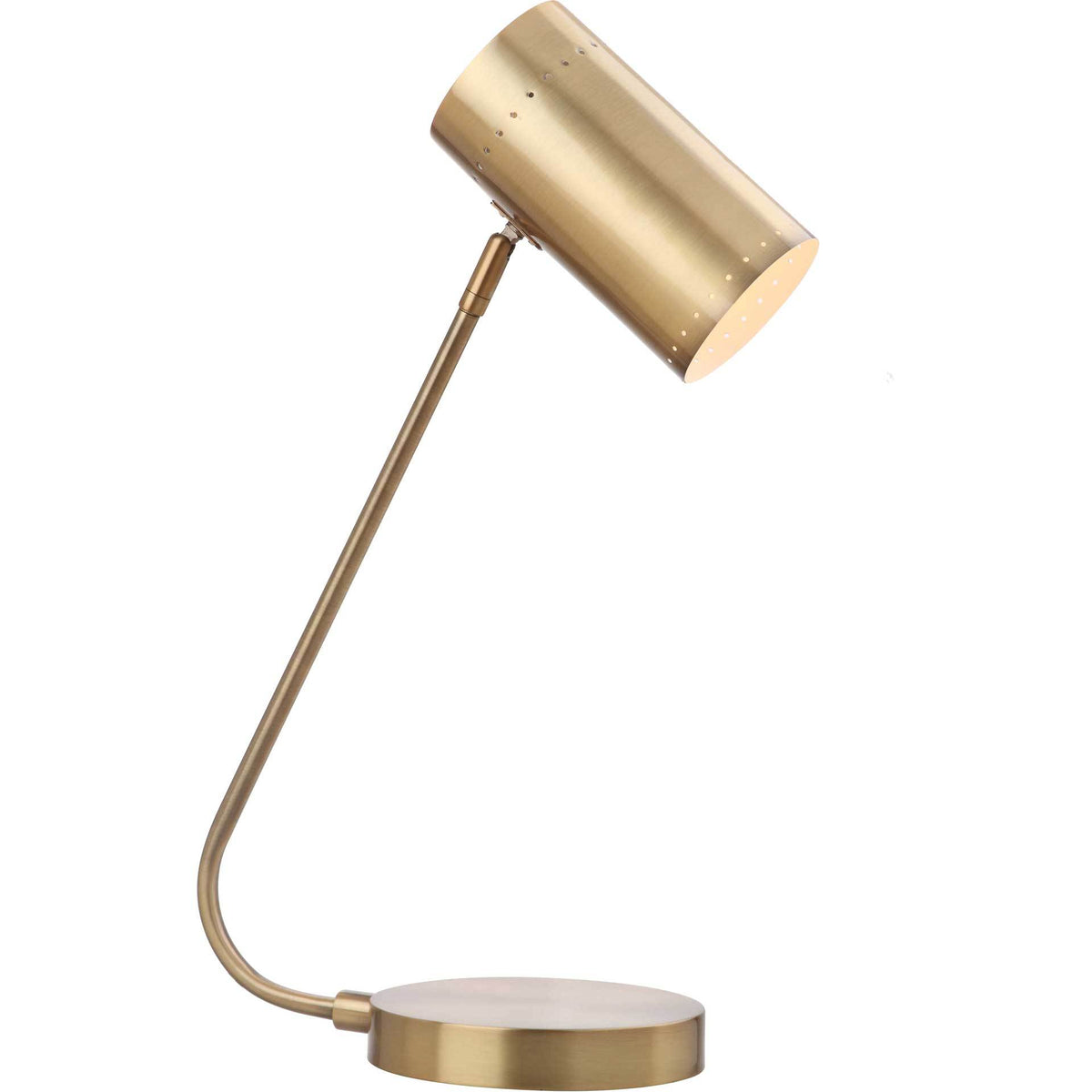 The angled cylindrical shade casts a warm glow over this sleek gold table lamp.