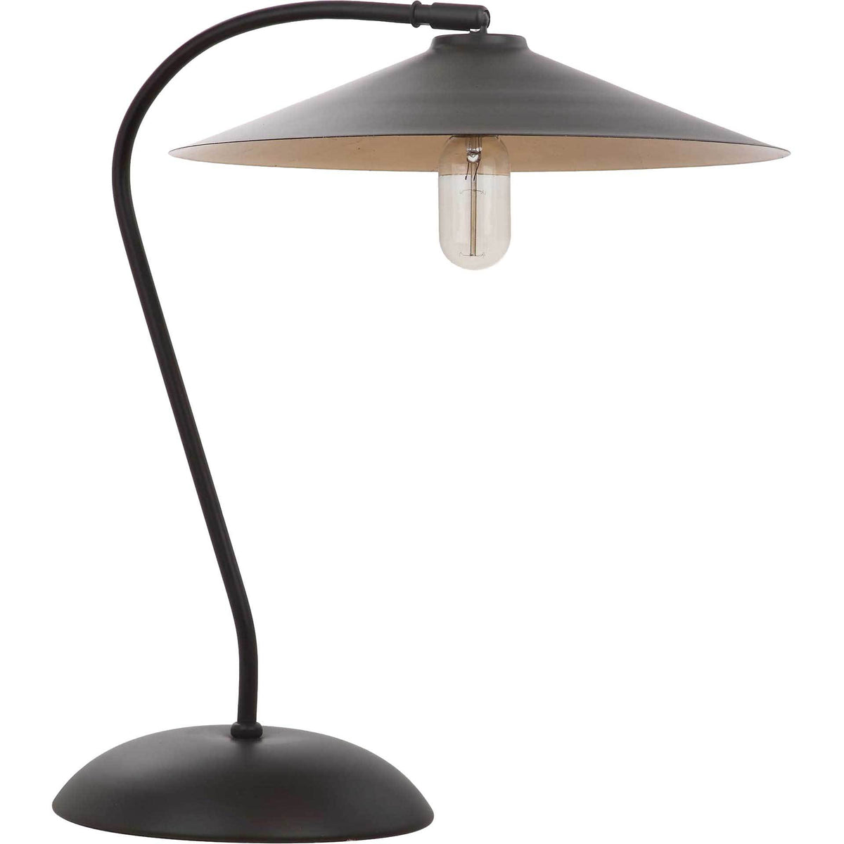 A curved black metal arm supports a broad conical shade above a clear exposed bulb || TBL4036A || front_studio