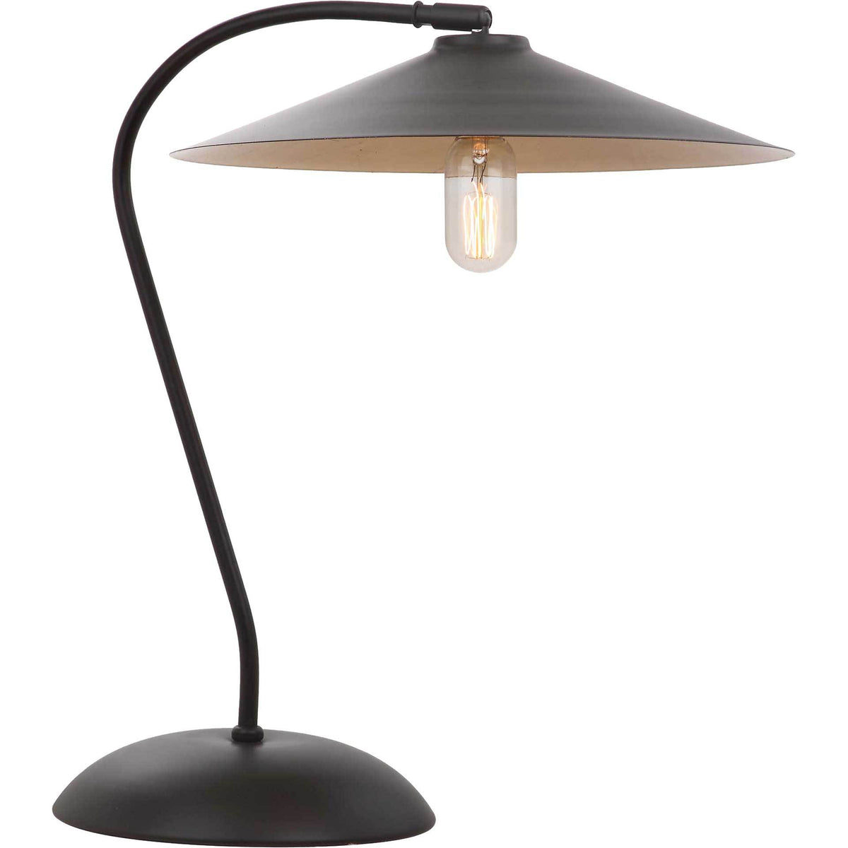 A curved black metal arm supports a broad shade above a glowing exposed bulb || TBL4036A || front_on_studio