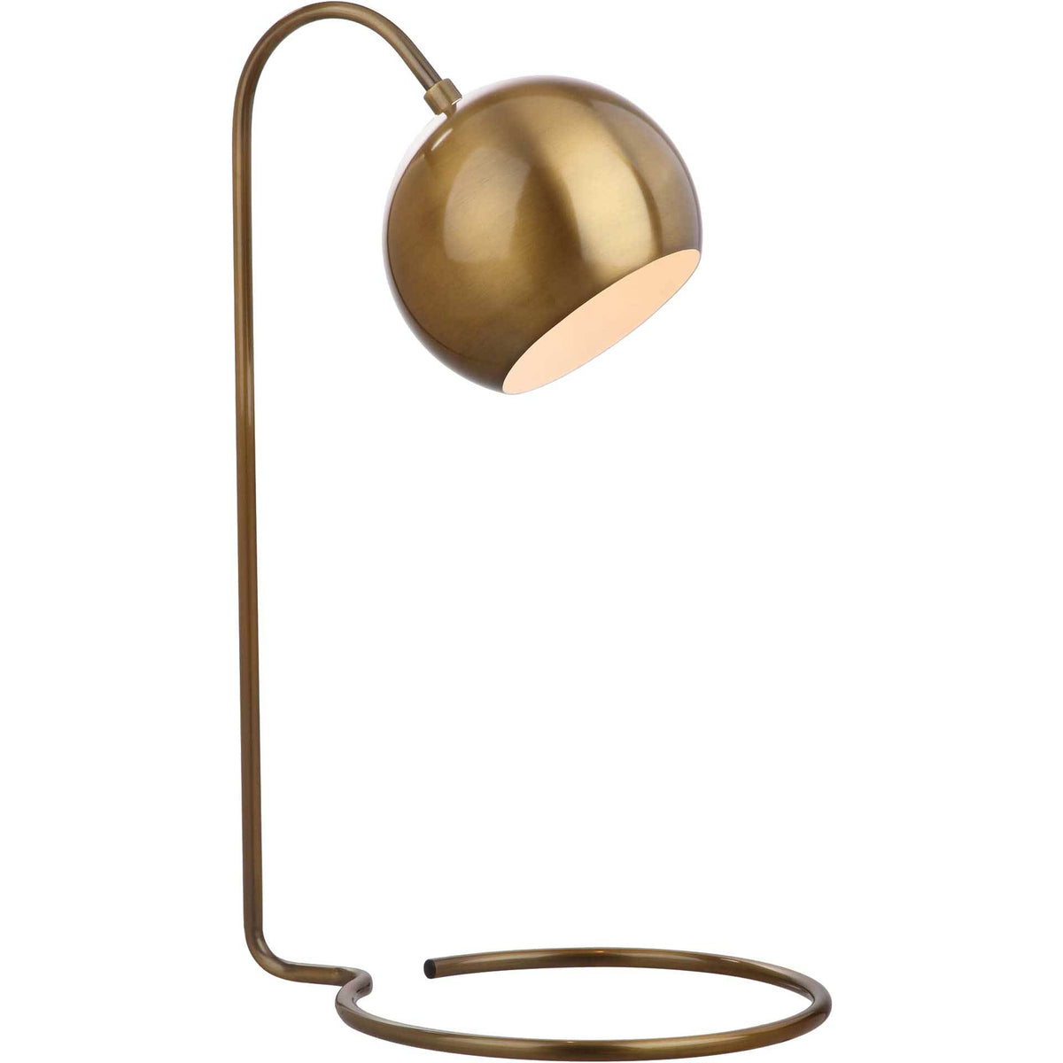 Warm light glows beneath a brass-finished dome shade on a slender arched stem.