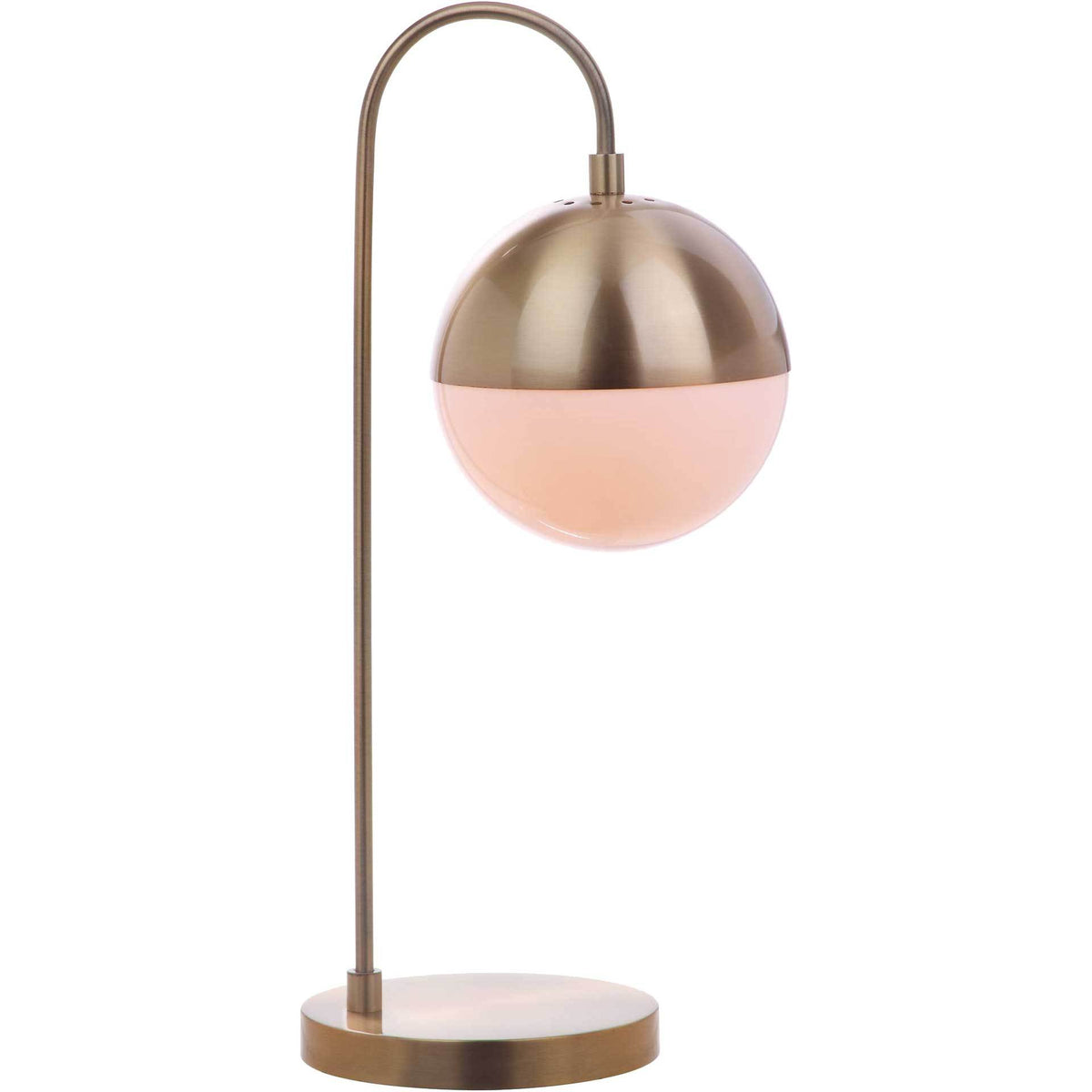 A warm glow shines through the white globe beneath a lustrous brass-finish dome.