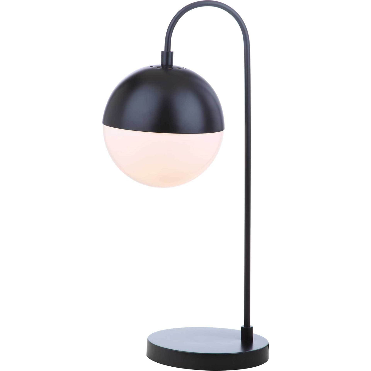 A glowing white globe hangs beneath the black dome of a sleek arched table lamp.