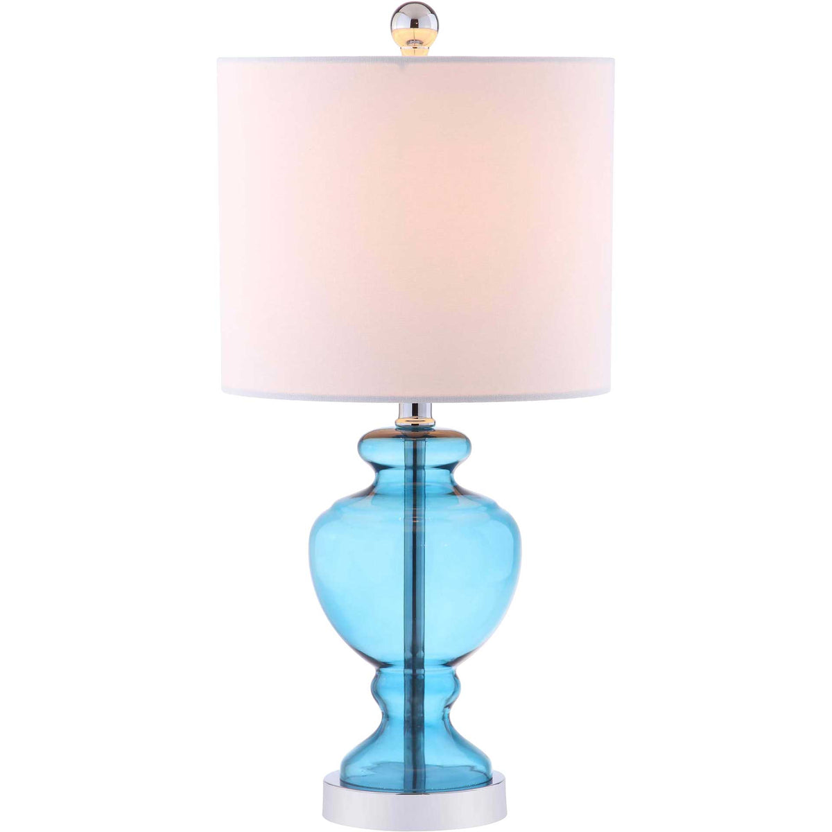 A warmly glowing white shade tops the sculptural blue glass lamp and polished chrome base