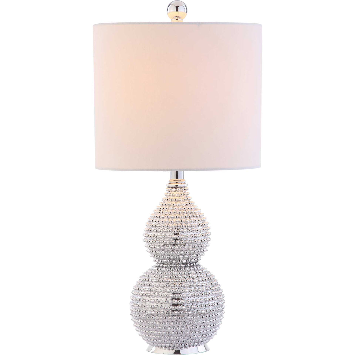 Warm light glows through the white shade above a sparkling, chrome-finished base.