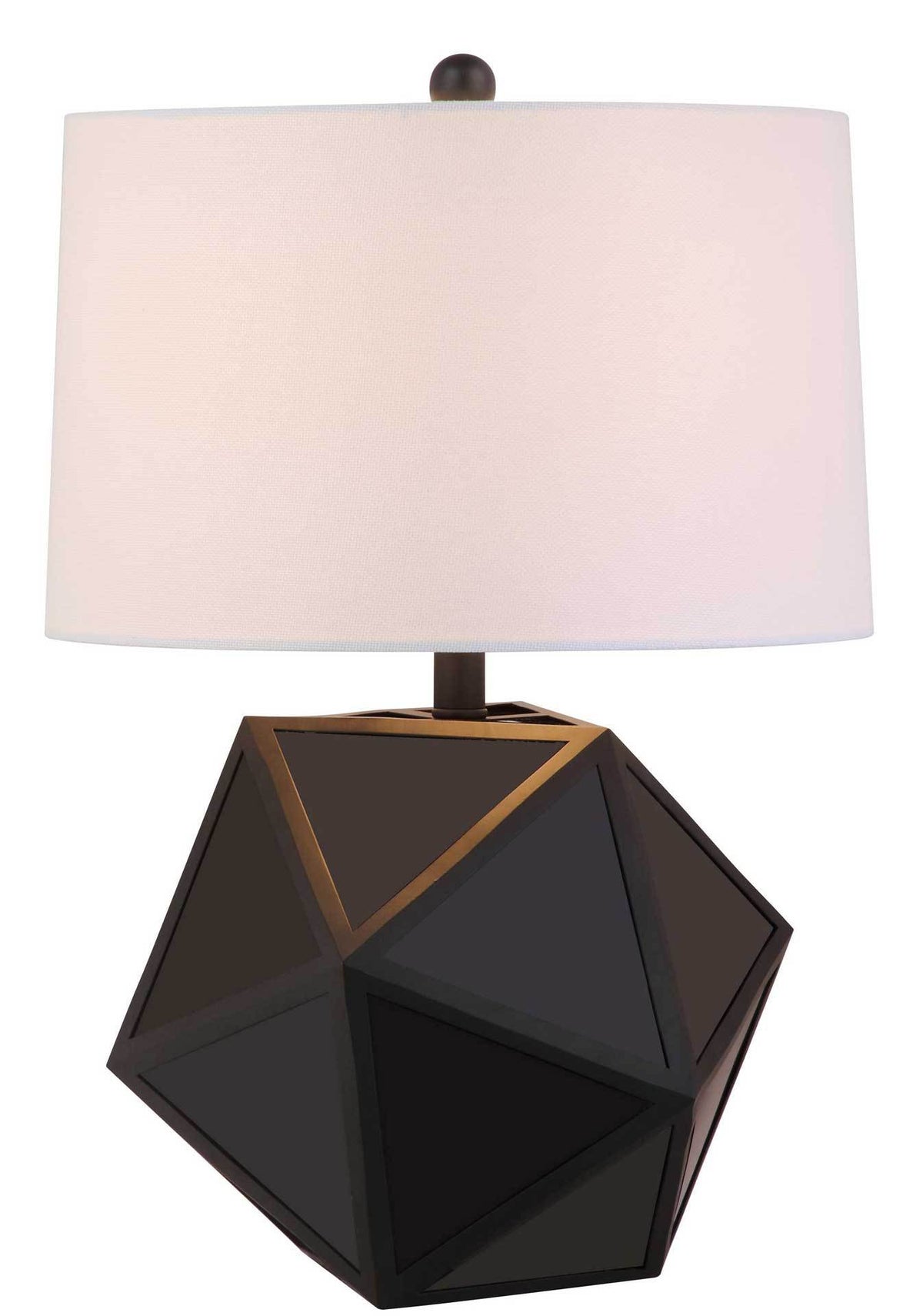 A warm glow shines through the white shade above an angular black base.