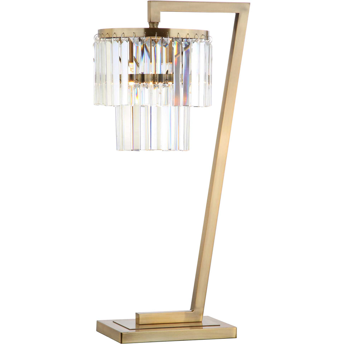 Warm light glows through clear crystal prisms suspended from a geometric gold-tone frame