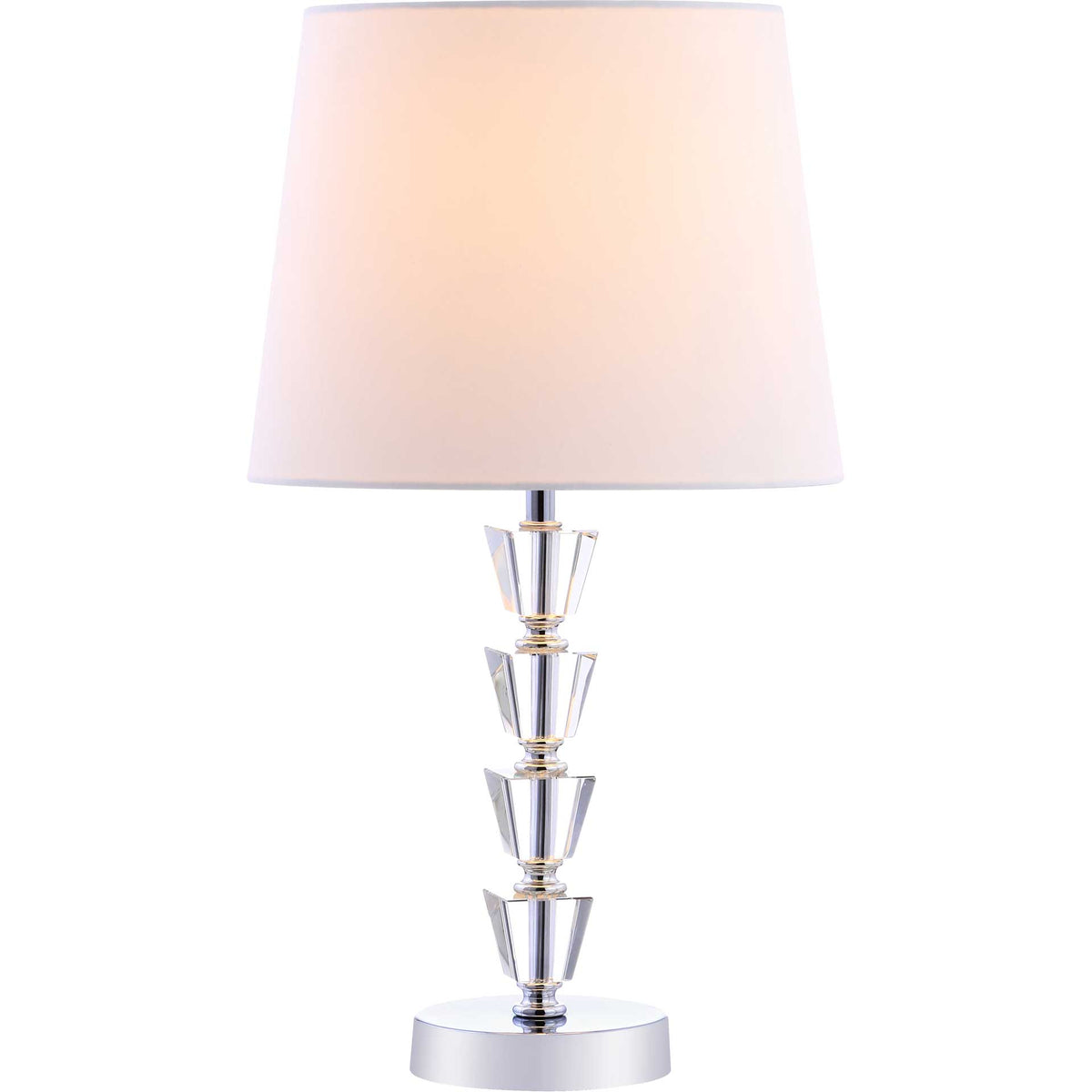 Warm light glows through a tapered white shade above a gleaming crystal stem and chrome base