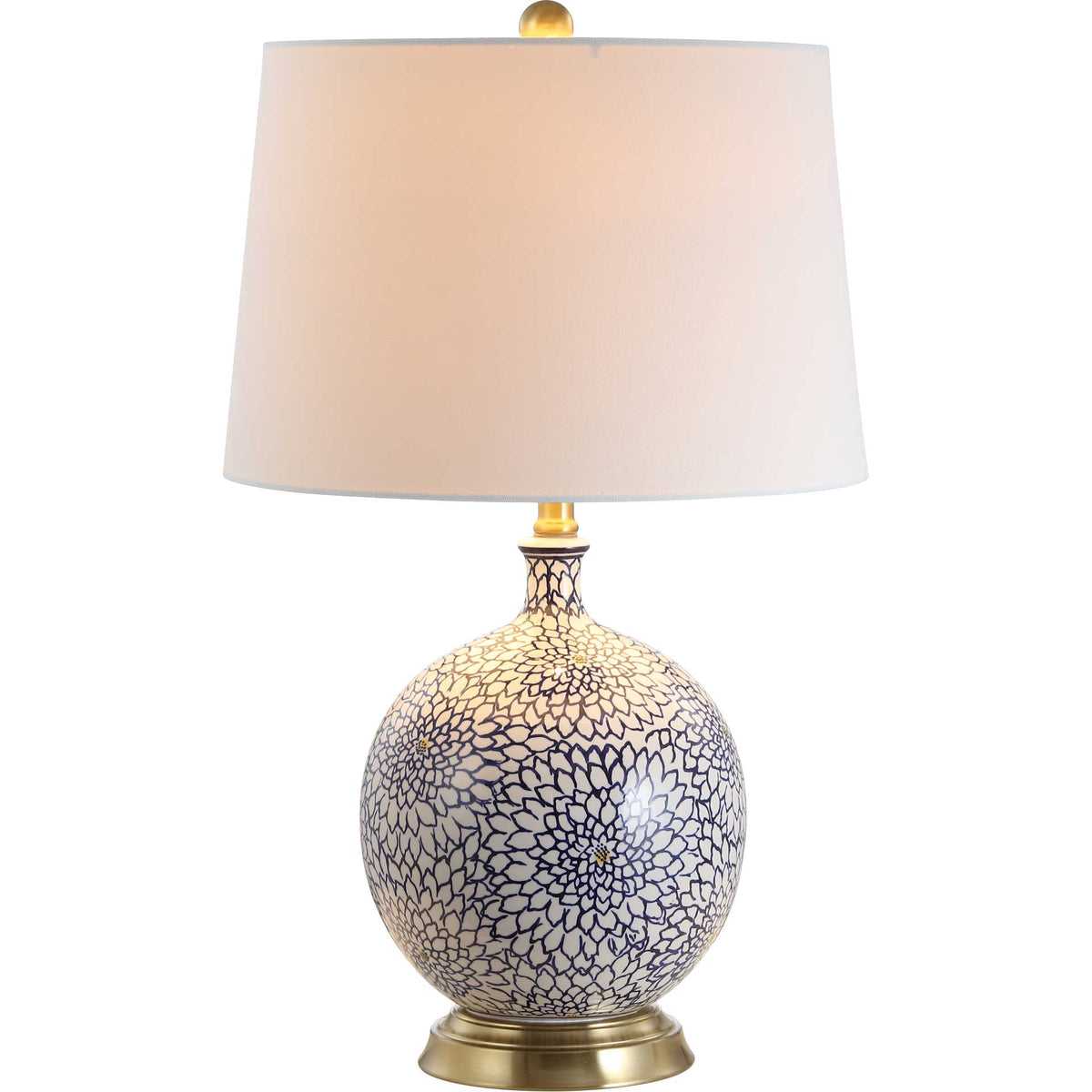 A softly glowing white shade tops a blue-and-white floral ceramic globe with a brass-toned base