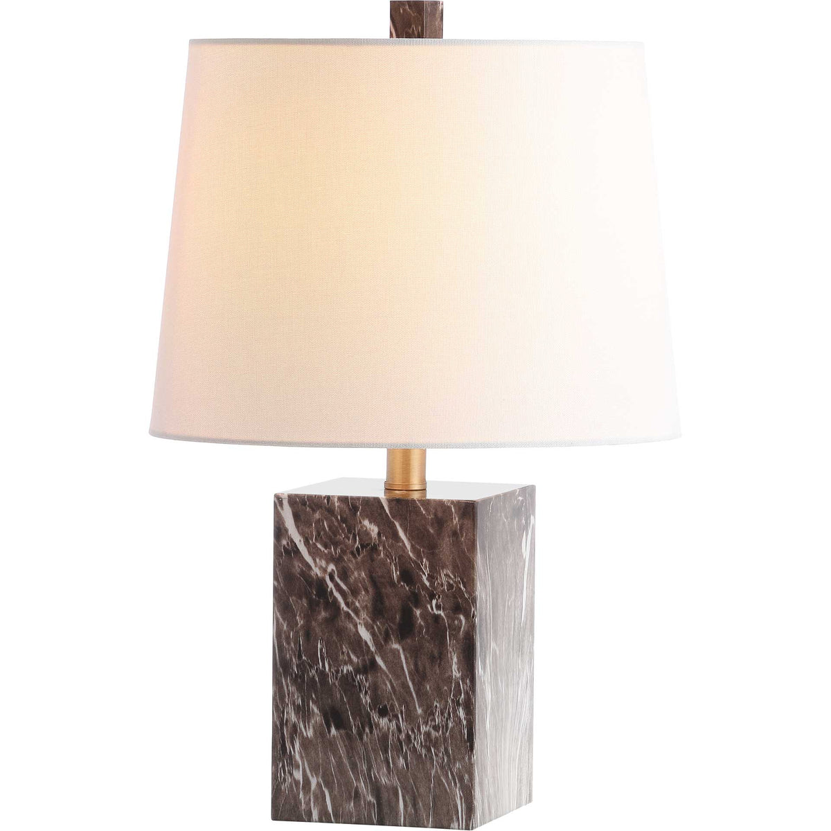A softly glowing white shade lends warmth to the veined brown base and gold-tone stem