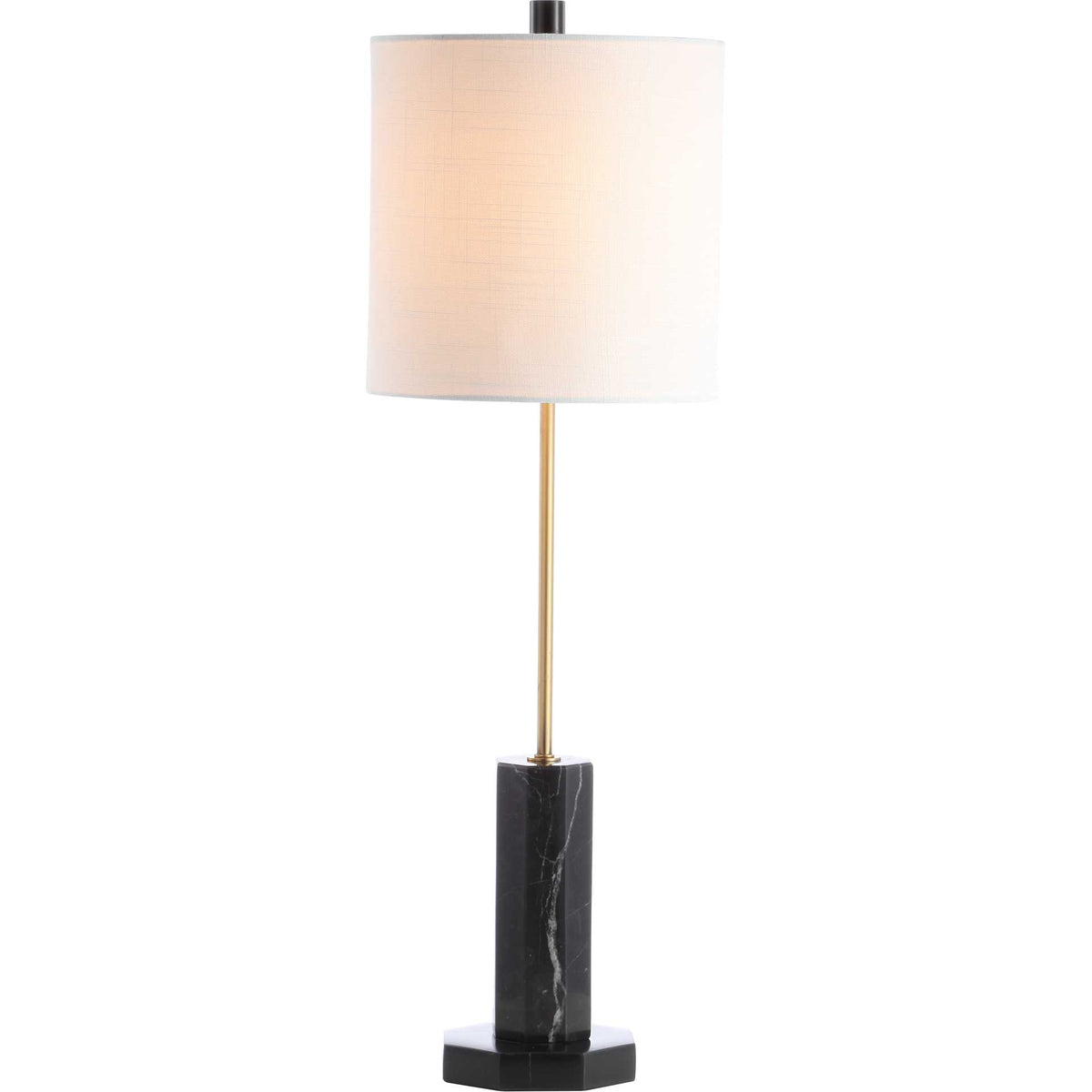 Warm light glows through a white shade above a slender gold-toned stem and black marble base.
