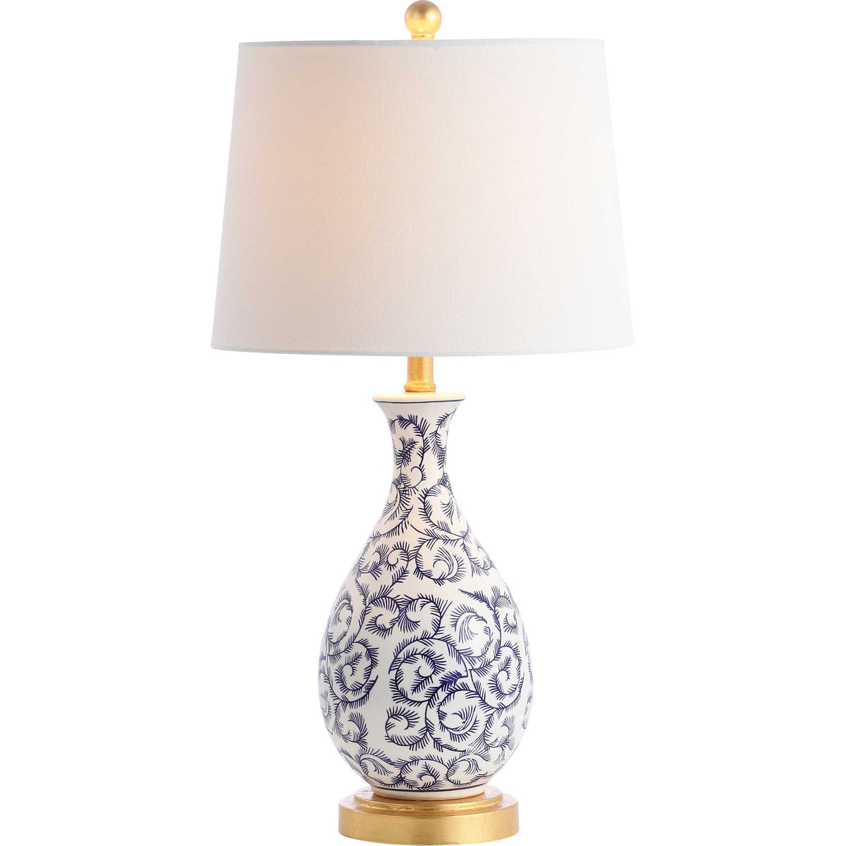 A glowing white shade tops a blue-and-white floral ceramic base with gold-toned trim