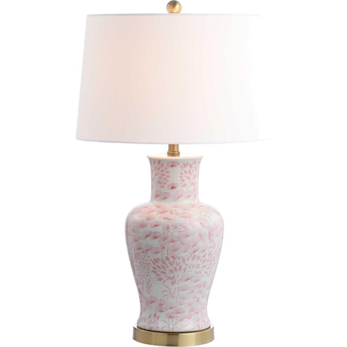 Pink floral ceramic table lamp with a softly glowing white shade and gold base
