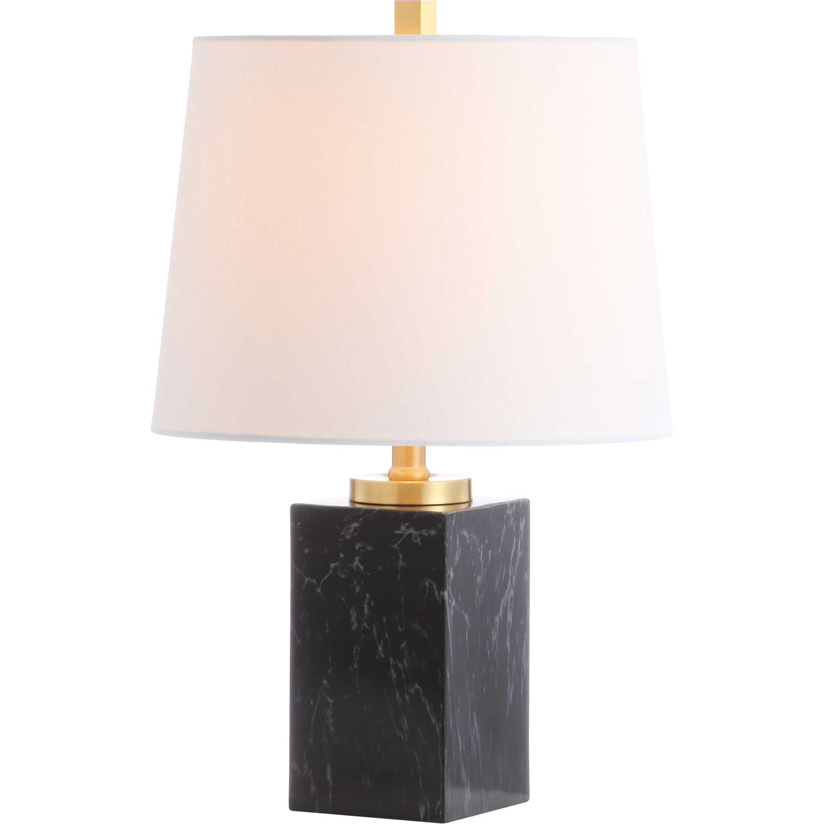 Warm light glows through the white fabric shade above a dark, veined column base.