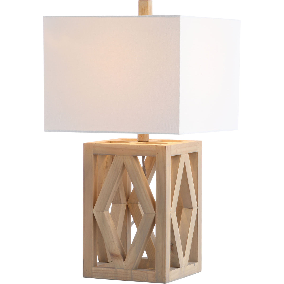 Warm light shines through a white shade above a sculptural pine wood lattice base