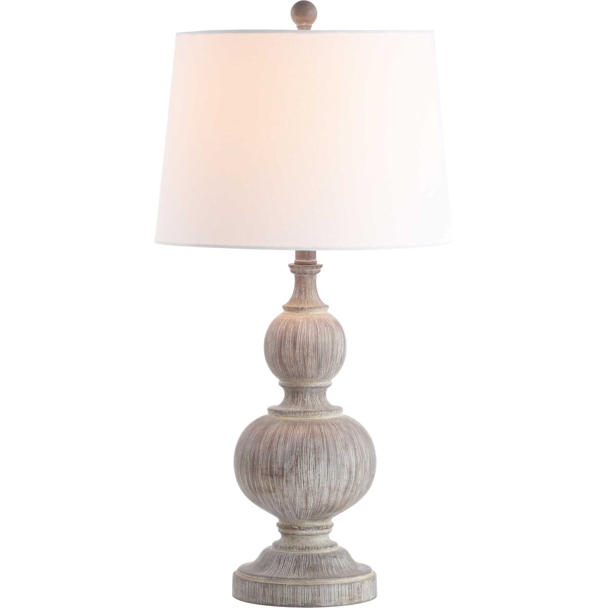 Warm light glows through the white shade above a textured faux wood base.