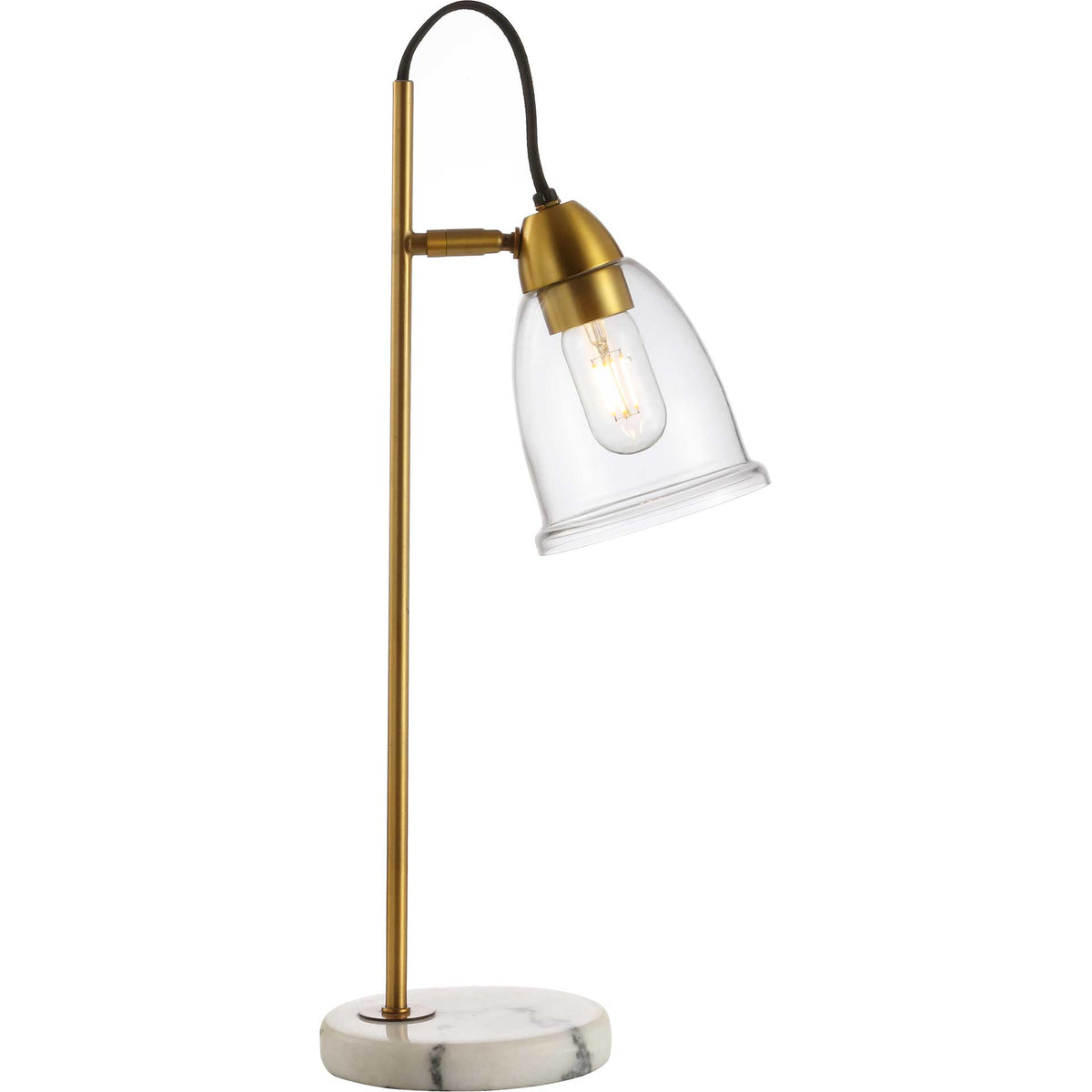 A glowing tube bulb shines through the clear glass shade above a gold-tone stem and white marble base.