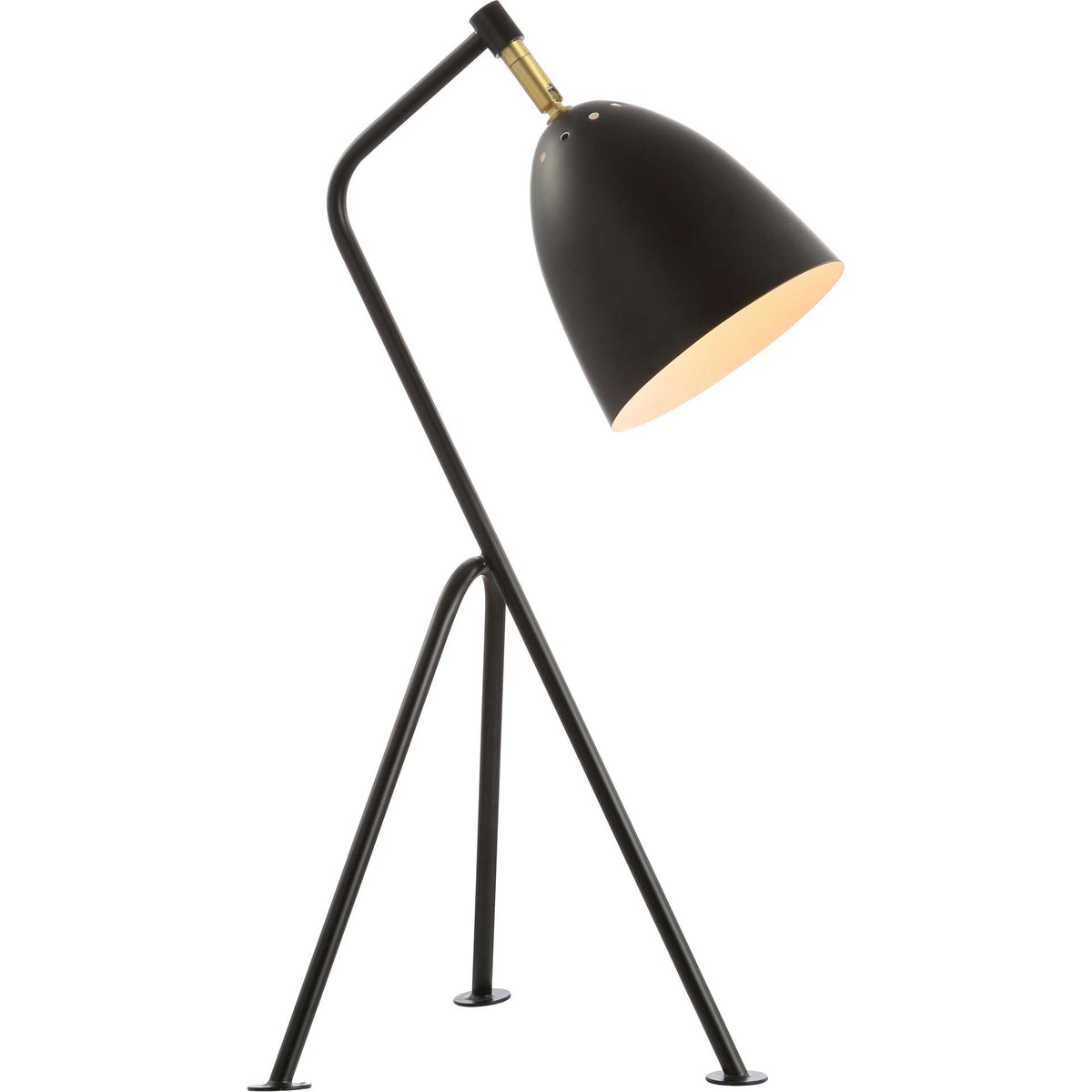 Warm light glows from the angled shade of this black tripod task lamp
