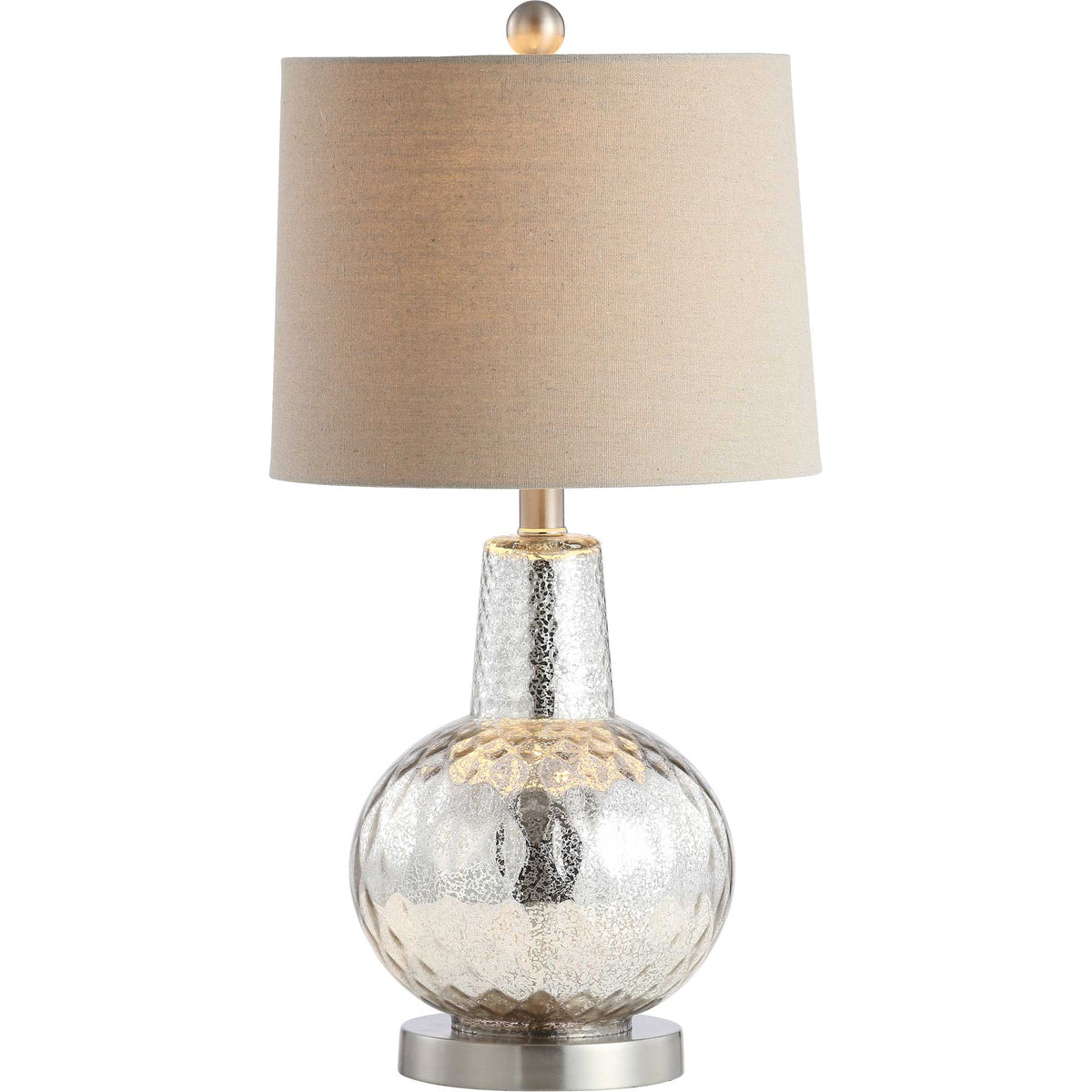 A warmly lit gray shade highlights the reflective texture of the silver mercury-glass base.