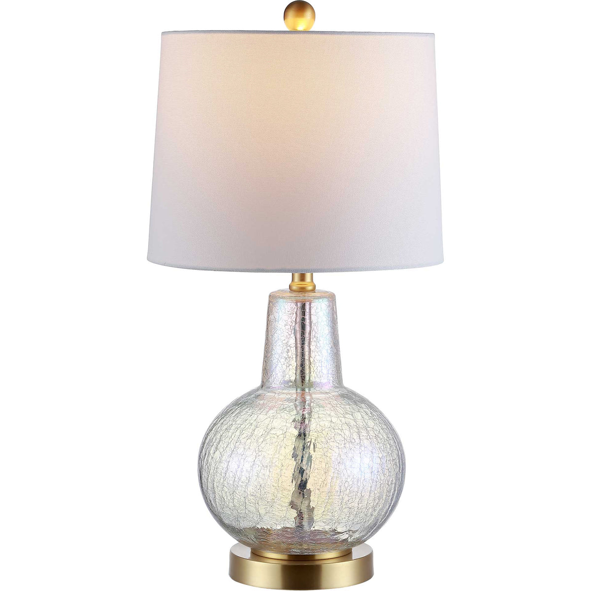 A softly glowing white shade crowns a shimmering crackled glass base with brass-tone accents.