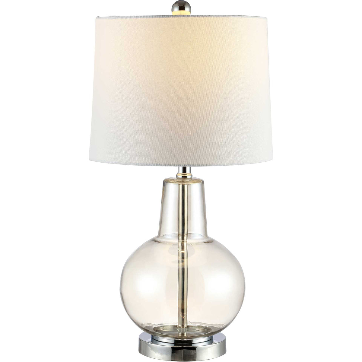 A softly glowing white shade tops a transparent glass base with polished chrome accents.