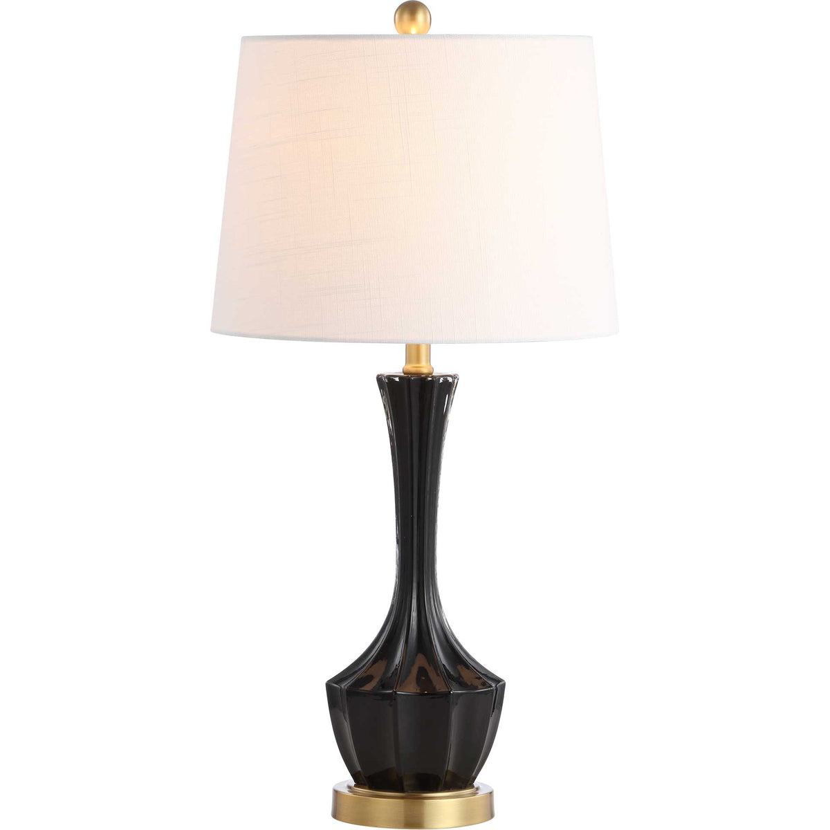 Soft light glows through a white shade above a curvy black glass base and gold-tone trim
