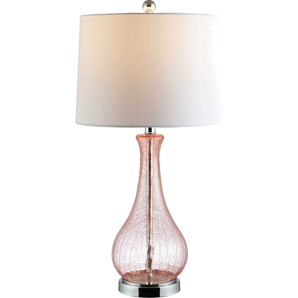 A gently glowing white shade crowns a rosy glass base with polished chrome accents