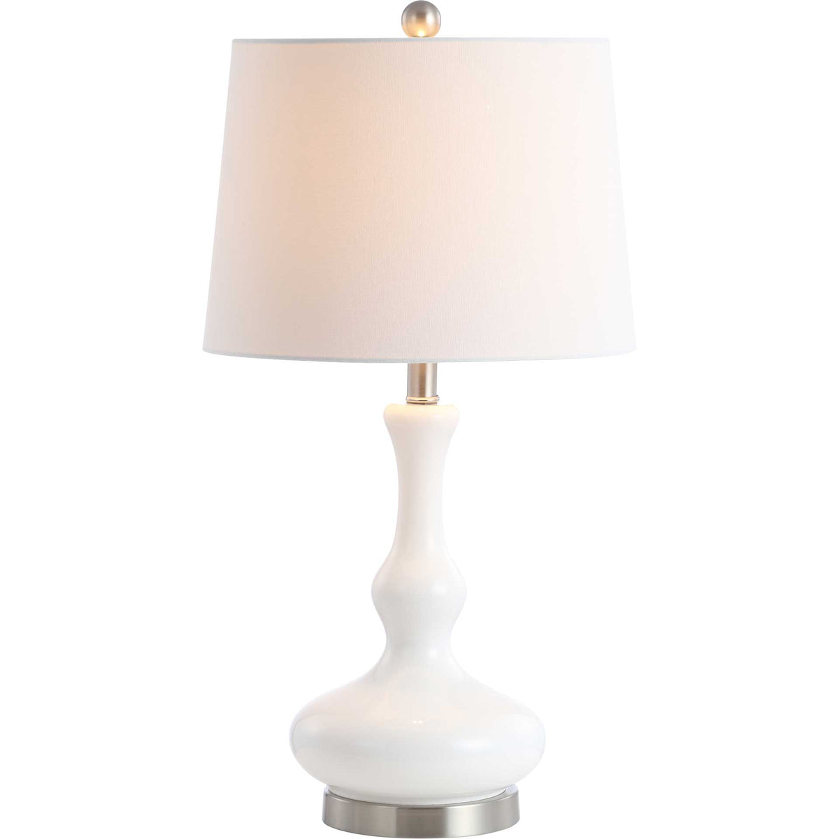 A softly glowing white shade tops a sculpted glass base with silver-toned accents