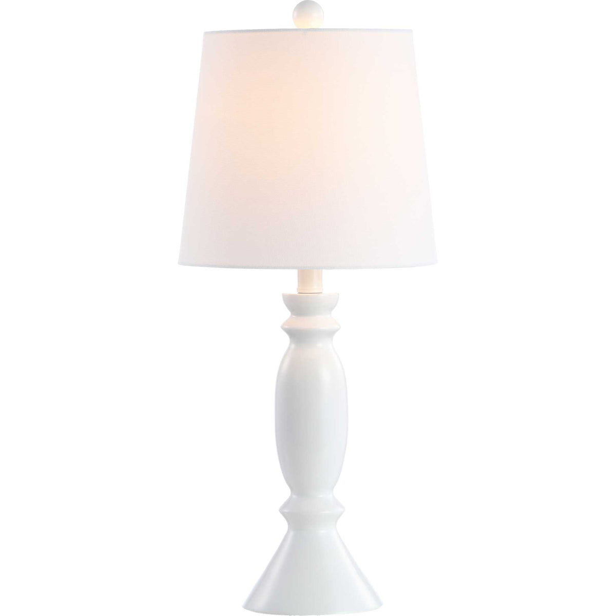 A softly glowing white shade crowns the lamp's glossy, turned resin base