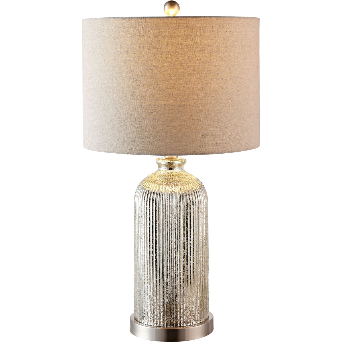 Warm light filters through a textured gray shade above a silver-toned glass base.