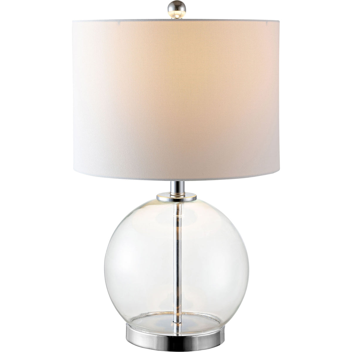 A warm glow shines through the white shade of a clear glass globe lamp