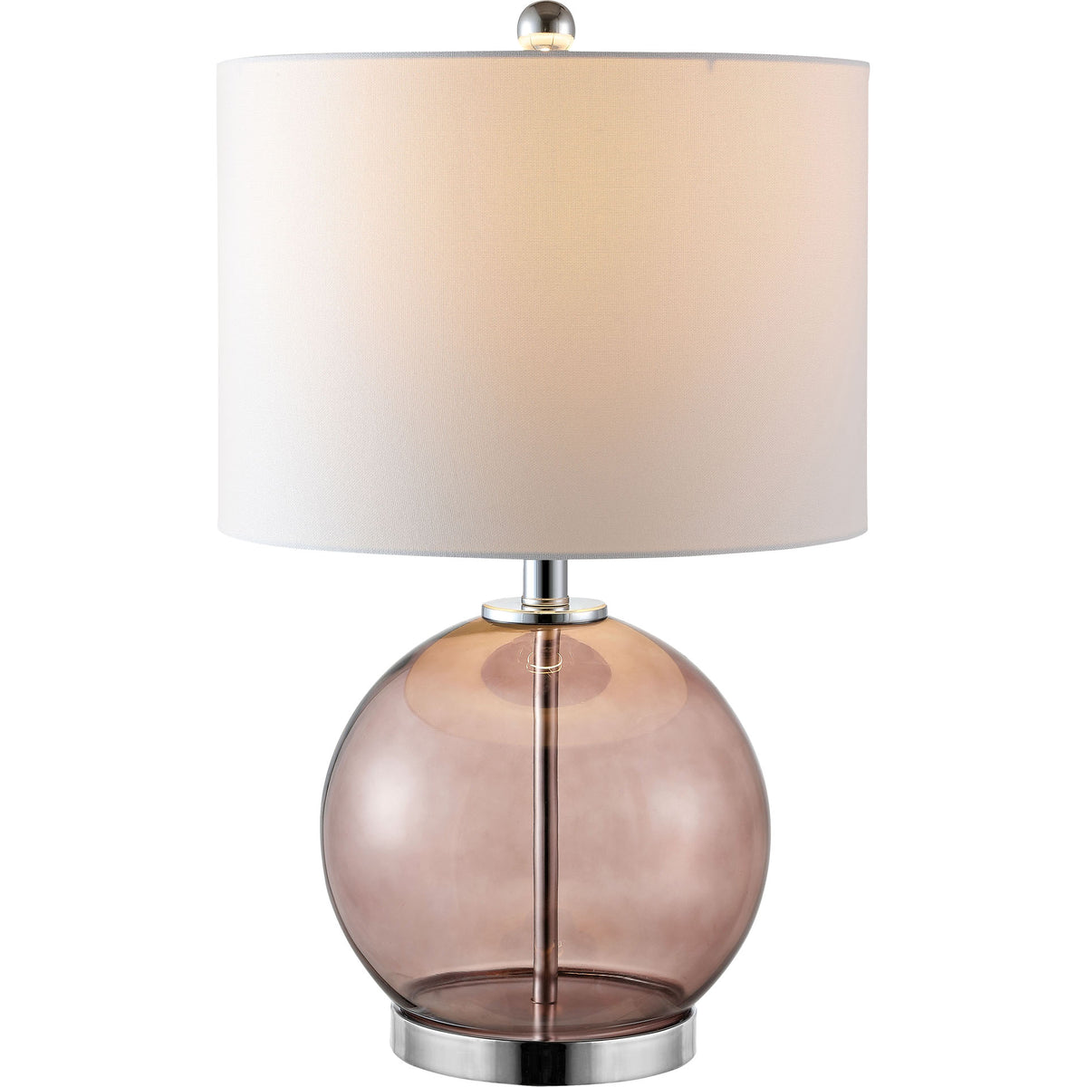 Soft light glows through the white shade above a smoky gray glass globe and chrome base