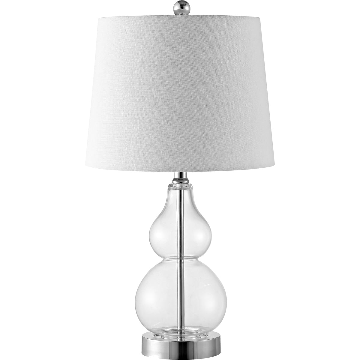 Clear glass table lamp with a double-gourd silhouette, chrome base, and textured white shade. || TBL4222A-SET2 || front_studio