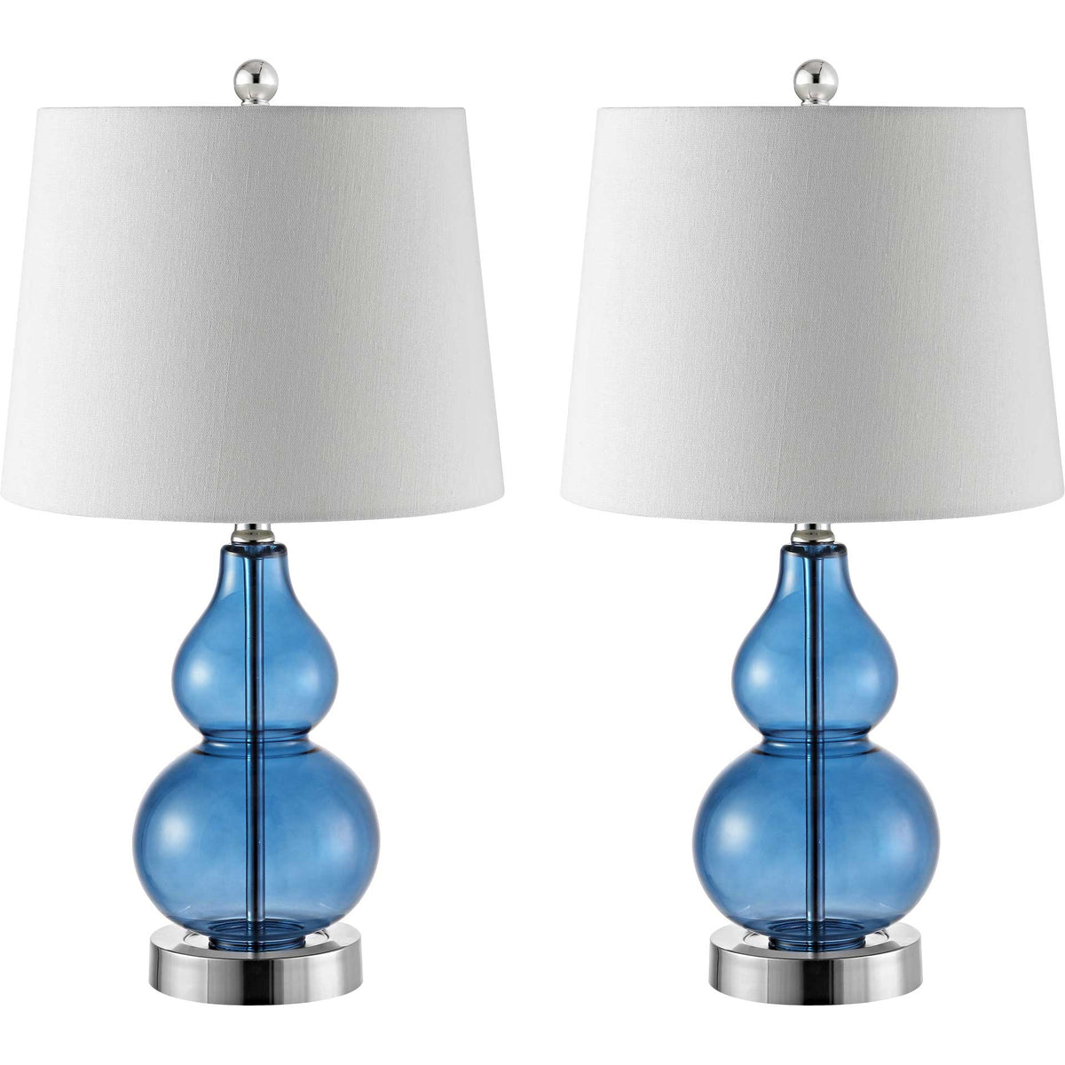 Two matching blue glass lamps pair rounded bases with tapered white shades. || TBL4222B-SET2 || front_multi_studio