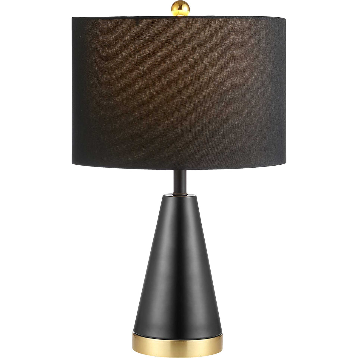 Warm light filters through a black drum shade above a sleek base with gold trim
