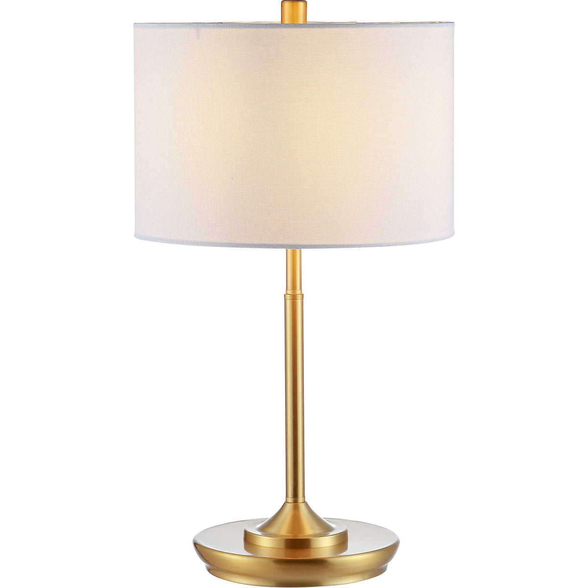 A softly glowing white drum shade brings warm light to the slim brass-gold lamp.