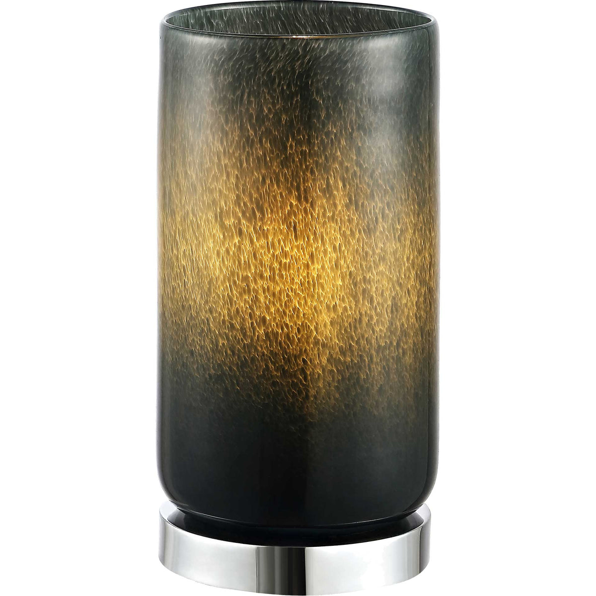 Warm golden light shines through smoky blue-gray glass above a polished chrome base