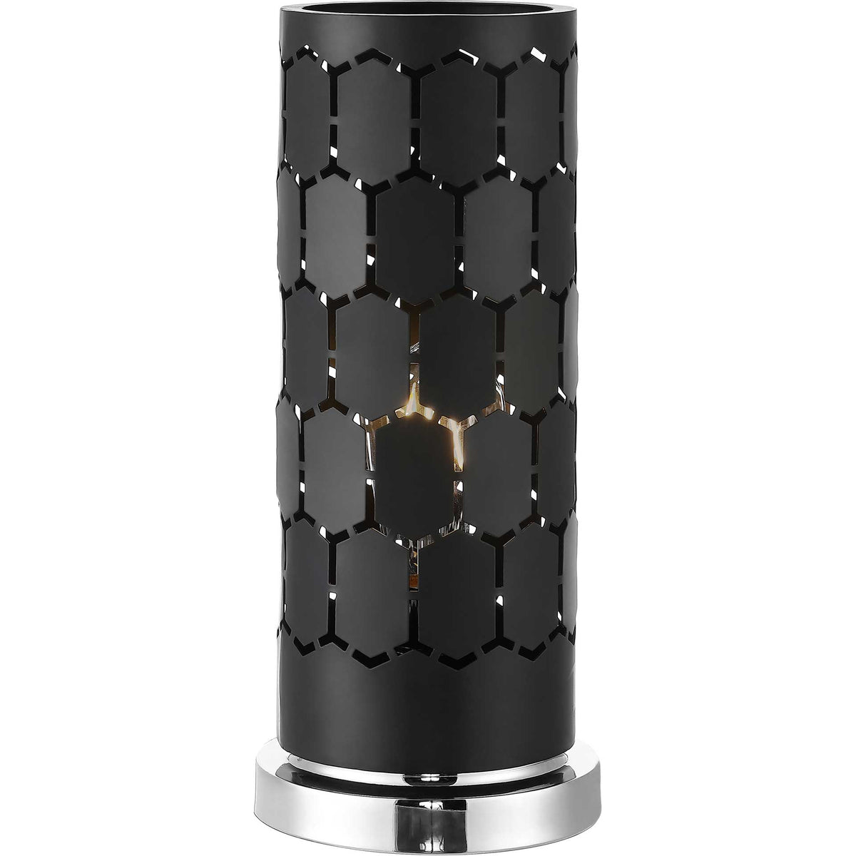 Warm light glows through the patterned black metal shade above a gleaming chrome base