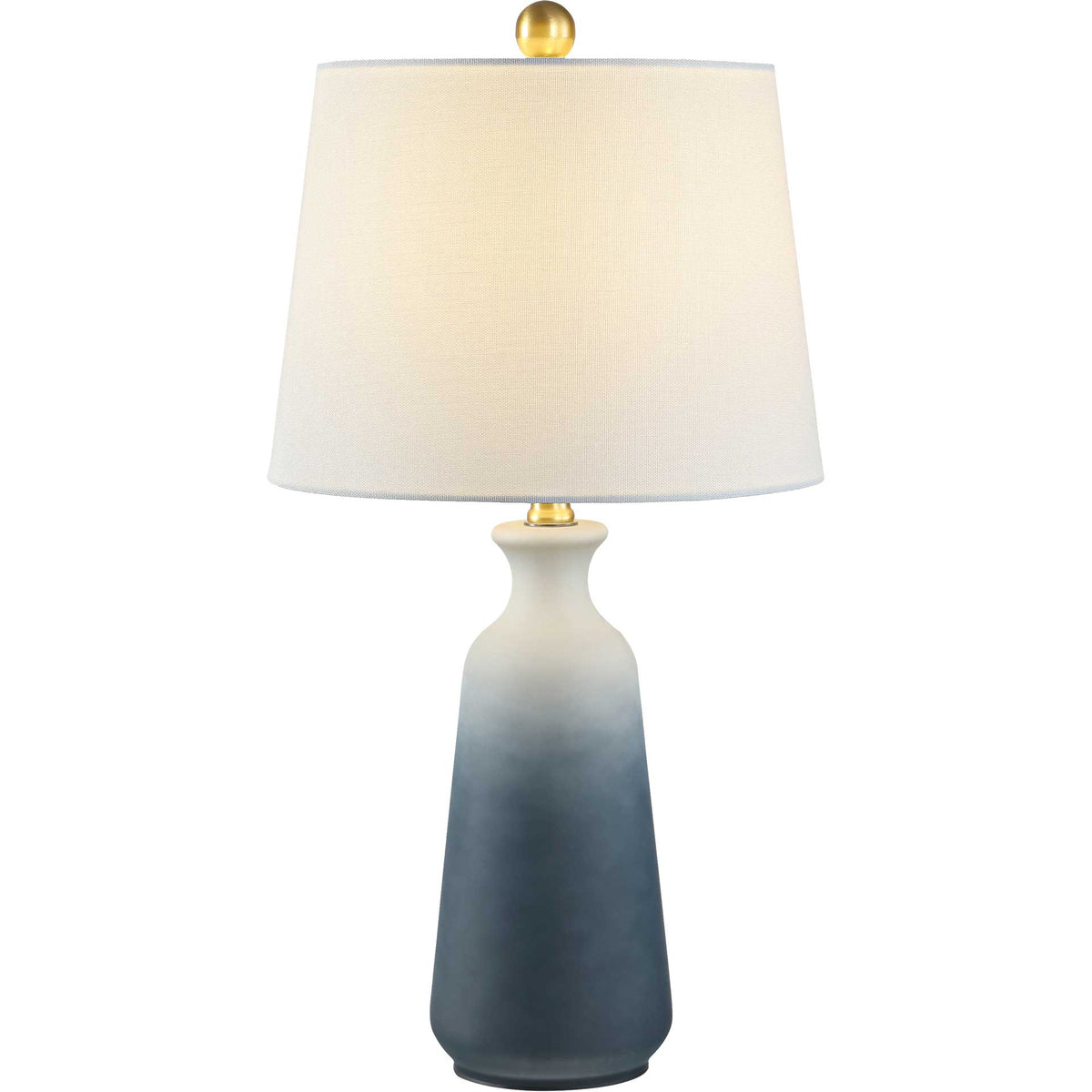Soft light shines through a tapered white shade above a blue ombre glass base with gold-tone accents.