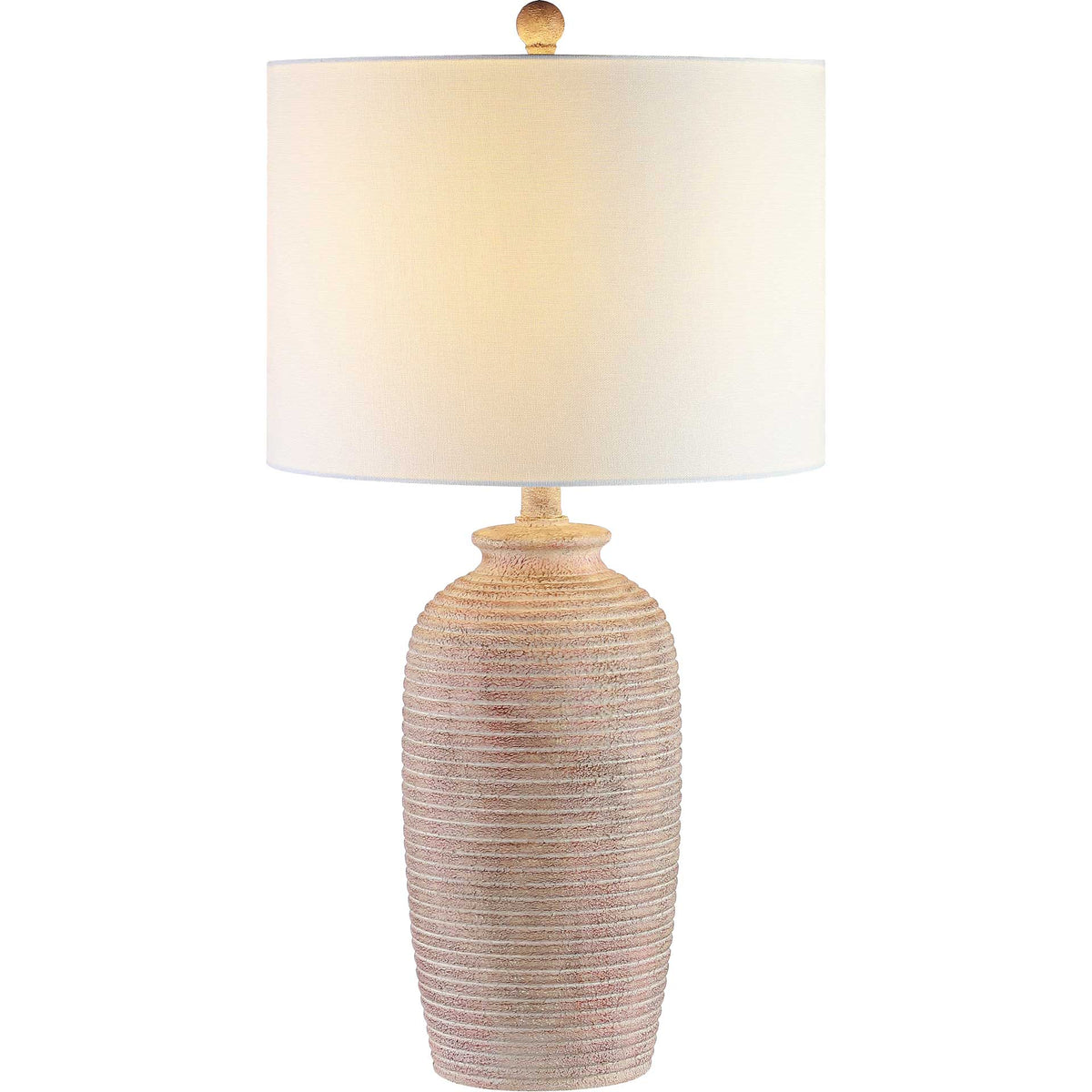 A softly glowing white shade crowns the table lamp's textured, pearl-toned resin base