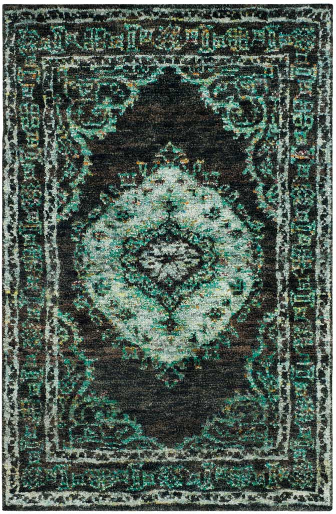Aqua flourishes trace the chocolate field around a softly faded ivory medallion.
