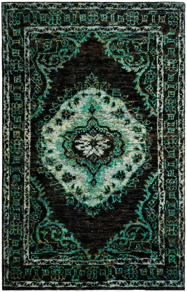 An ivory and aqua medallion contrasts with a deep chocolate ground and elaborate borders.