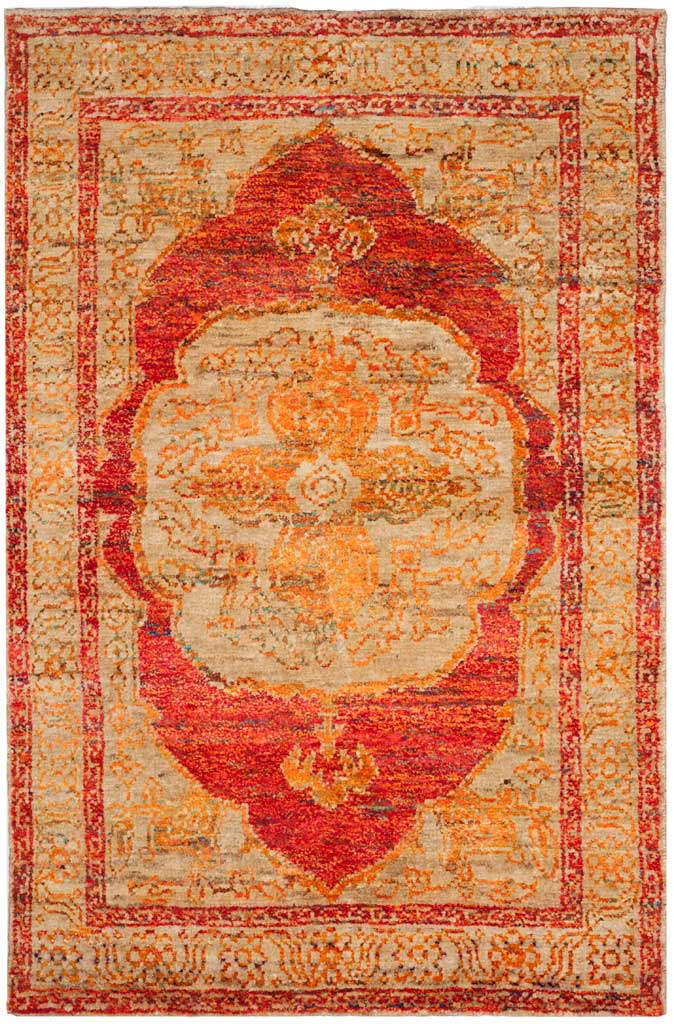 Vibrant red-orange medallion blooms across a beige rug with intricate floral borders