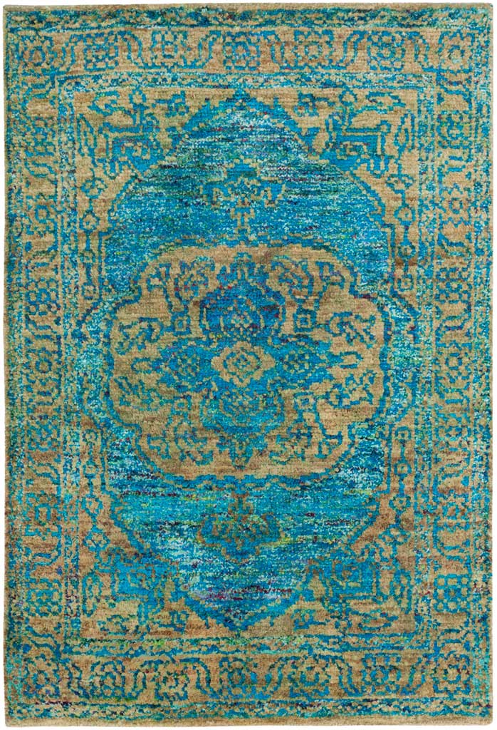 Brilliant teal and beige floral borders frame a richly detailed central medallion