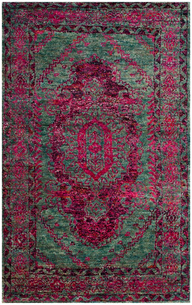 Slate blue and fuchsia rug features an ornate medallion and richly patterned border
