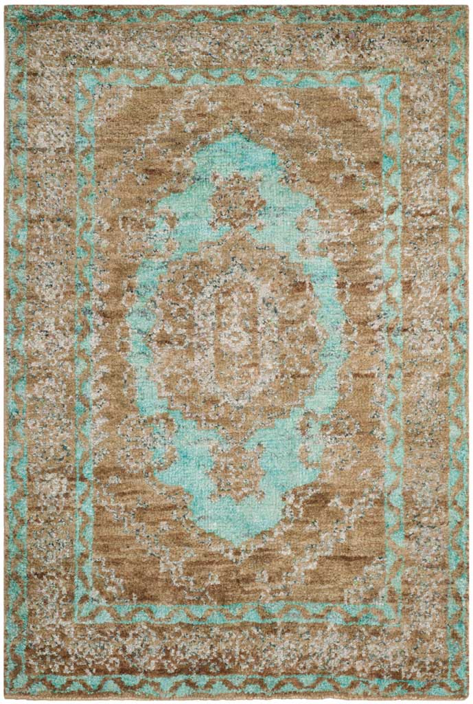 Hand-knotted seafoam and beige rug with a central medallion framed by ornate borders