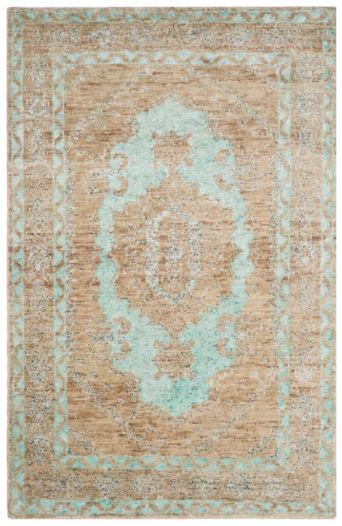 Beige area rug with a soft seafoam medallion and intricate floral border