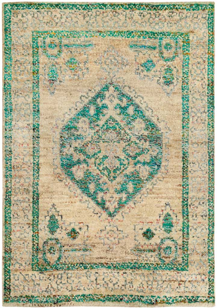 A compact beige rug pairs a detailed emerald medallion with faded floral accents and layered borders