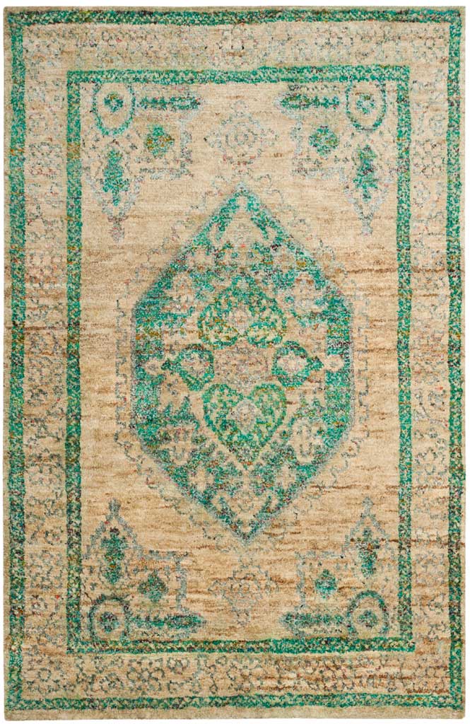 An ornate emerald medallion and floral flourishes brighten a richly textured beige rug
