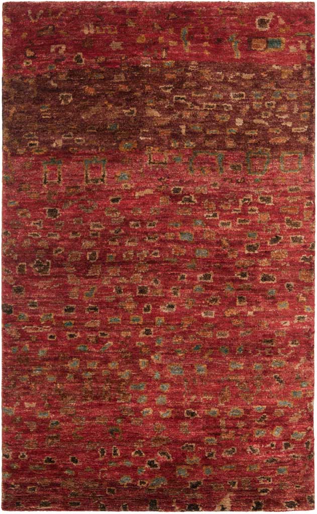 A textured red area rug dotted with gold, teal, and earthy abstract accents